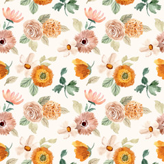 Tecido para costura com estampa floral aquarela bege e laranja, sem costura.