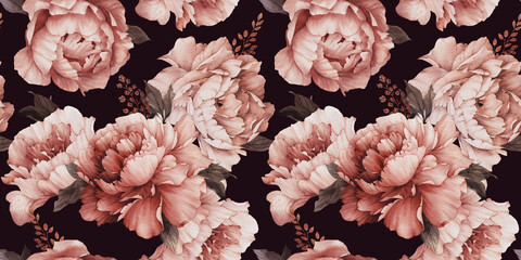 Estampa floral sem costura com peônias em fundo de verão, aquarela.